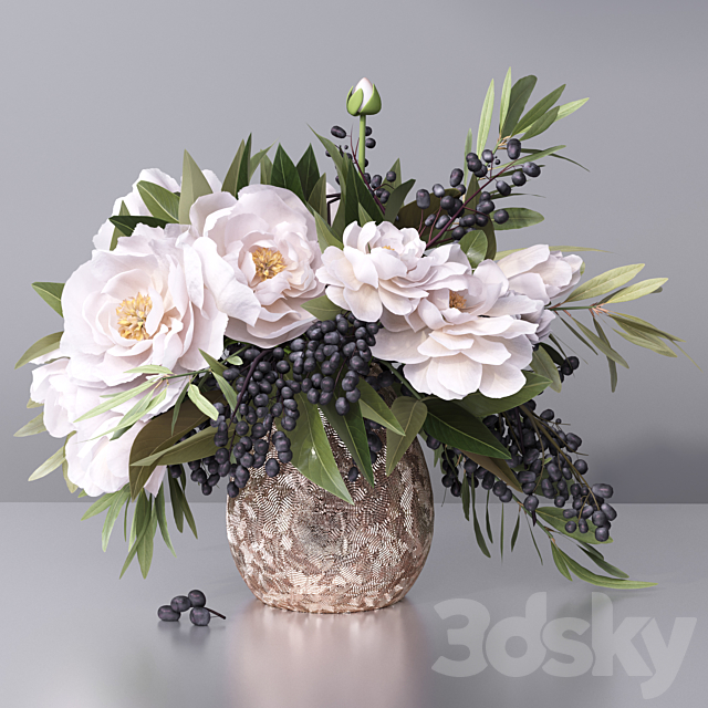 Flower Arrangement- peony grape leaf twig vase 3DSMax File - thumbnail 1
