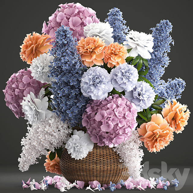 A bouquet of flowers 84. Lilac. hydrangea. basket. decor. peonies. eco design. natural decor. table decoration 3DSMax File - thumbnail 1