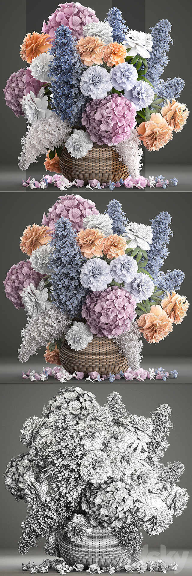 A bouquet of flowers 84. Lilac. hydrangea. basket. decor. peonies. eco design. natural decor. table decoration 3DSMax File - thumbnail 3