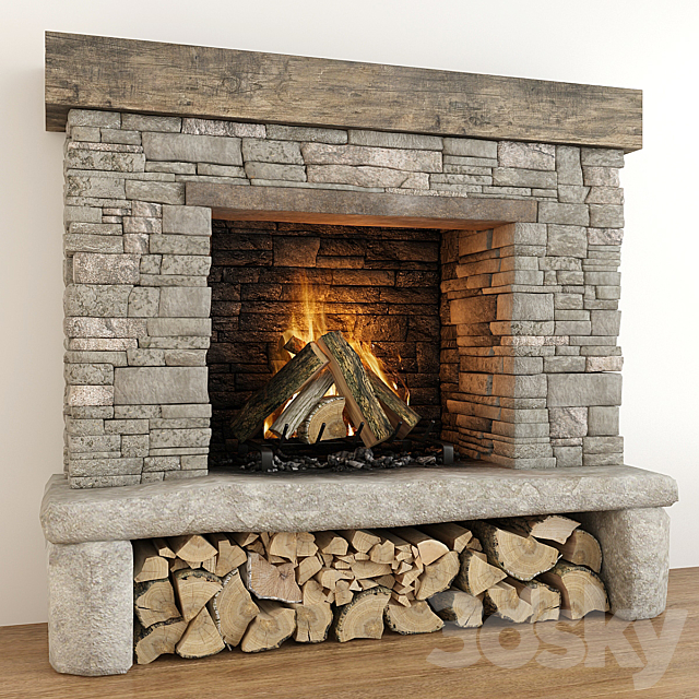 Stone fireplace 3d