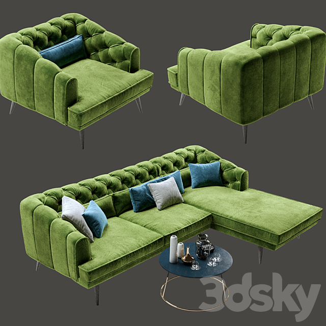 Earl Gray Corner Sofa with Chaise and Armchair 3DSMax File - thumbnail 2
