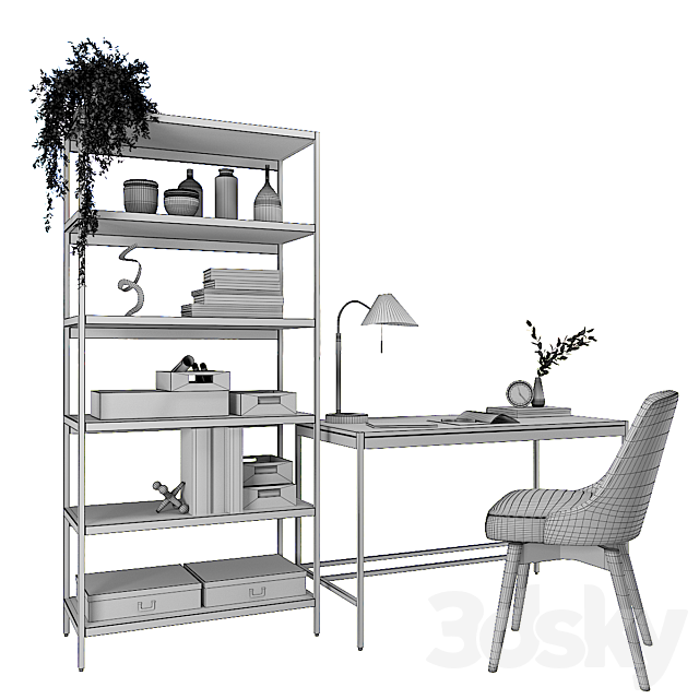 West Elm Zane Desk & Zane Wide Bookshelf & Swivel Office Chair 3d