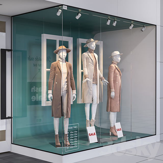 Shop front with female mannequins 3d
