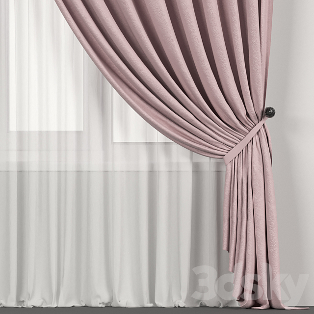 Narrow pink curtains in the background with tulle. 3d