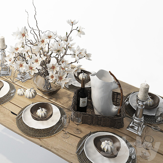 Table setting with magnolias 3d