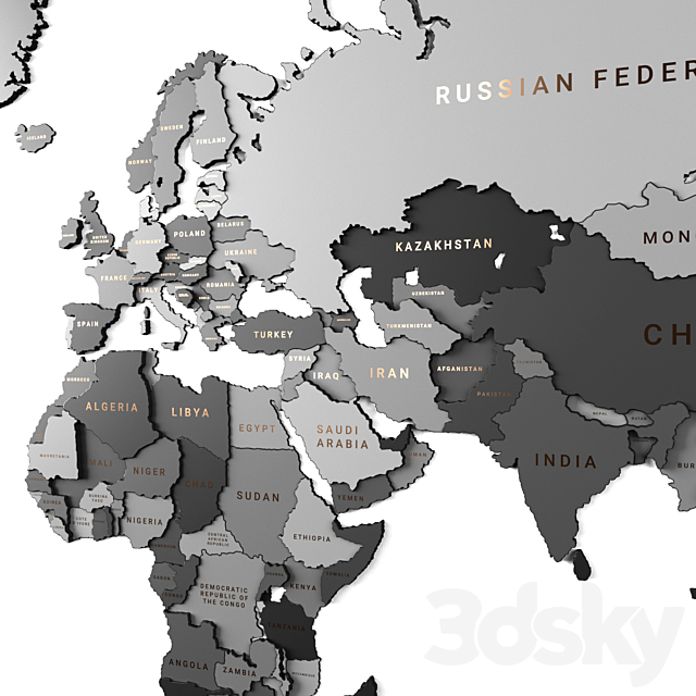Wooden panel - world map GRAY 3d