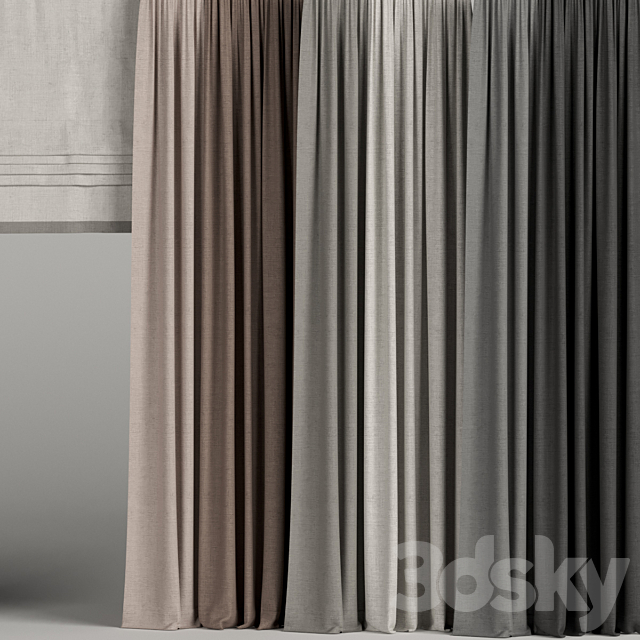 A set of curtains in different colors with a roman curtain. 3d