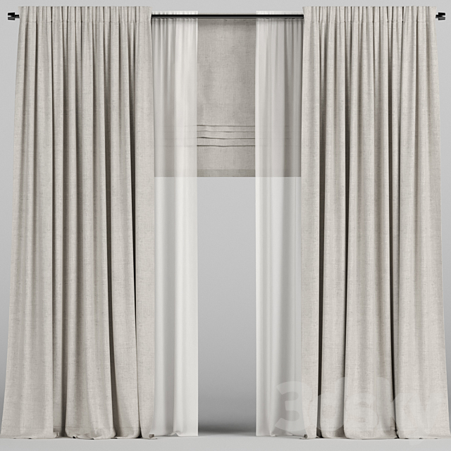 Beige curtains with tulle and roman blinds. 3DSMax File - thumbnail 1