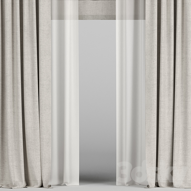 Beige curtains with tulle and roman blinds. 3DSMax File - thumbnail 2