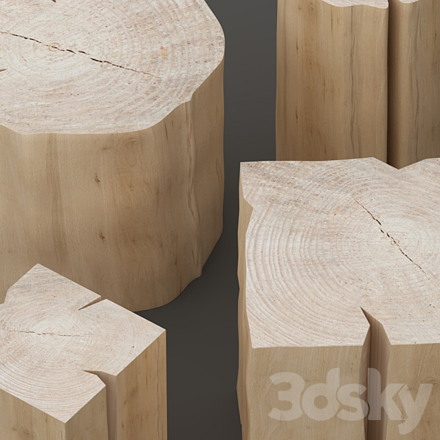 Set of tables from stumps. 3d