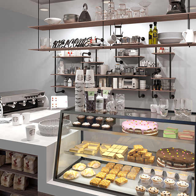 Cafe in loft style with a showcase with desserts and sweets 3. Coffee point 3d