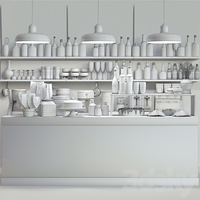 Bar counter with alcohol. service and desserts 10 3d