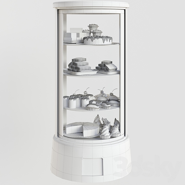 Refrigerator with desserts and sweets for shops or cafes. Confectionery 3d