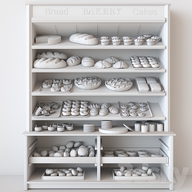 Showcase in a bakery with pastries and desserts. Sweets 3d