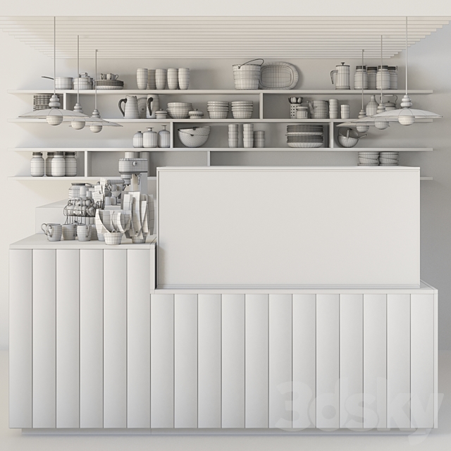 Design project of a coffee point with a refrigerator with desserts. Cafe 3d