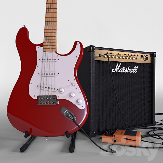 Electric guitar with amplifier 3d