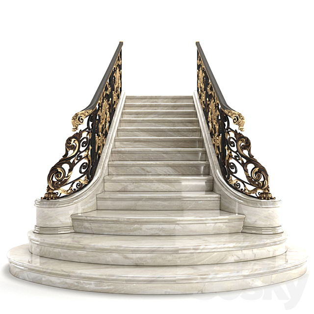 Classic marble staircase with wrought iron railing 3d