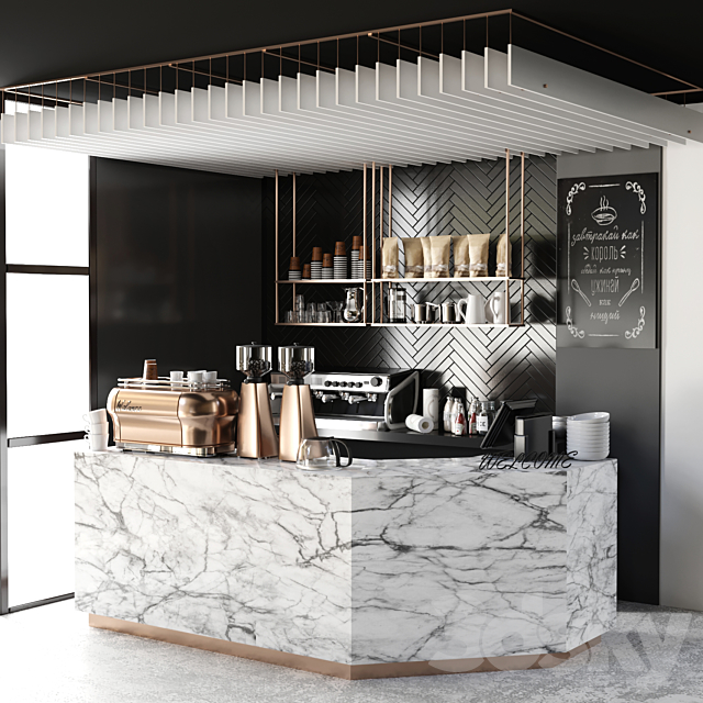 Cafe design 5. Coffee. coffee maker. coffee machine. coffee point. coffee grinder. dishes. marble. panels 3d