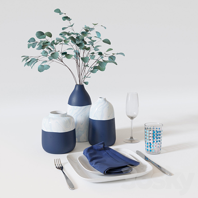 Table setting with eucalyptus branch. 3DSMax File - thumbnail 1