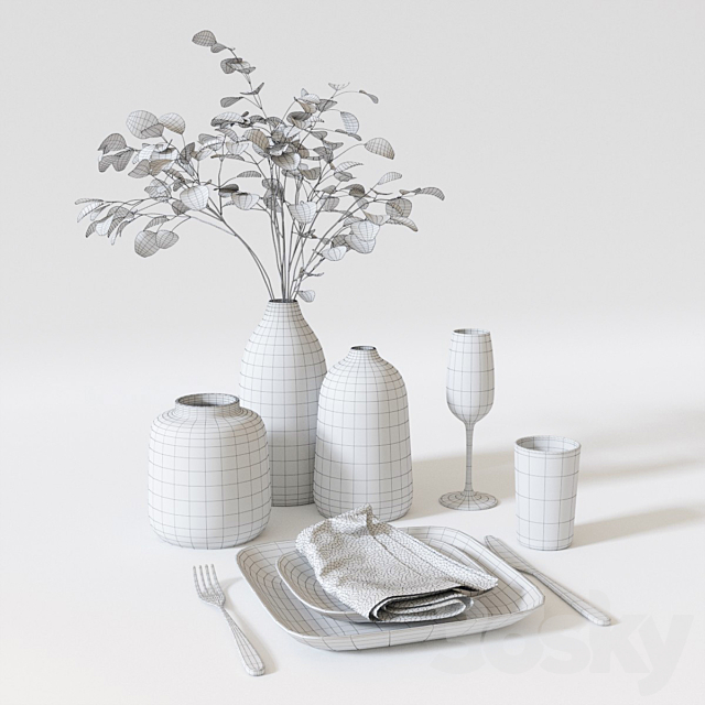 Table setting with eucalyptus branch. 3DSMax File - thumbnail 3