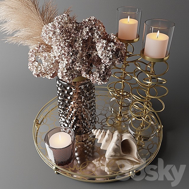 Bouquet of dry hydrangea and pampas grass with a sink 3d