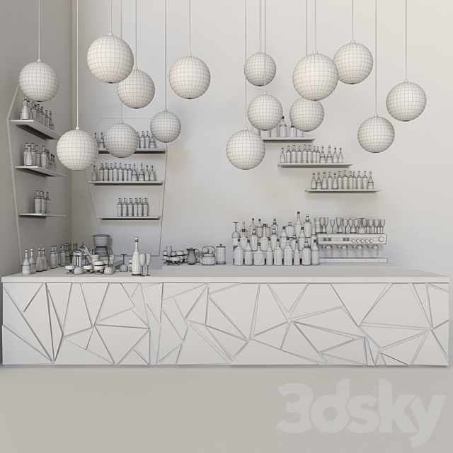 A bar counter with a beautiful backlight and a collection of alcohol. Restaurant 3d