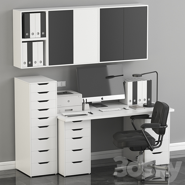 Ikea Office Workplace with Alex Table. Alefjäll Chair and Eket wall-mounted cabinet 3DSMax File - thumbnail 1