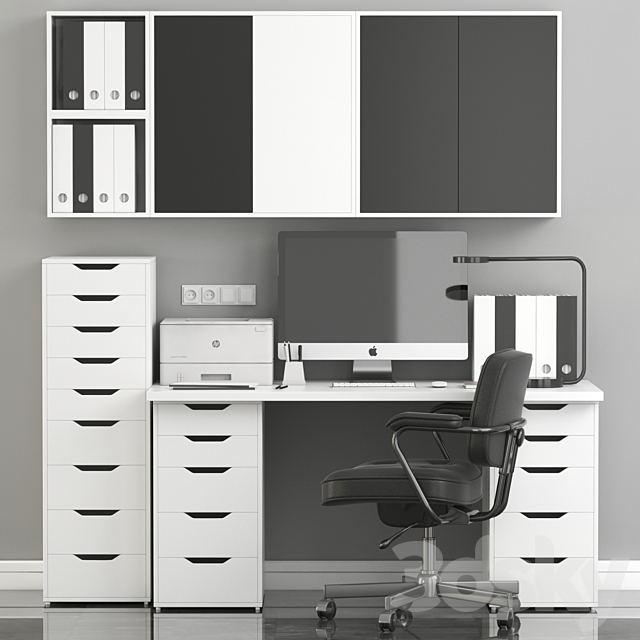 Ikea Office Workplace with Alex Table. Alefjäll Chair and Eket wall-mounted cabinet 3DSMax File - thumbnail 2