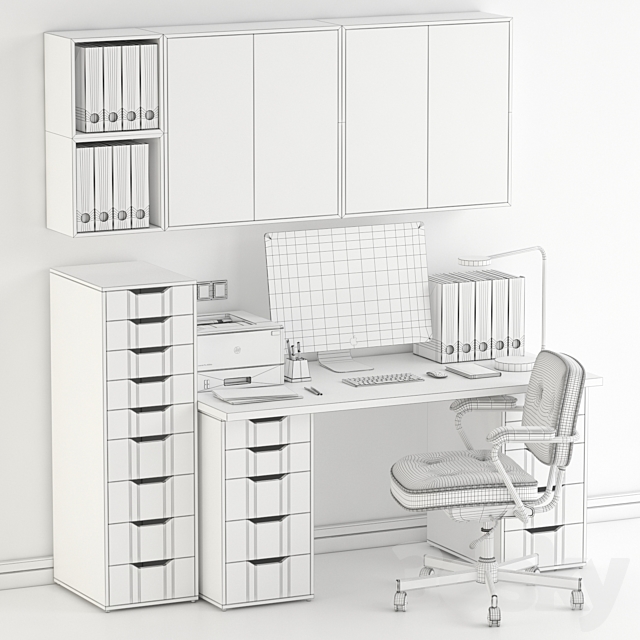 Ikea Office Workplace with Alex Table. Alefjäll Chair and Eket wall-mounted cabinet 3DSMax File - thumbnail 3