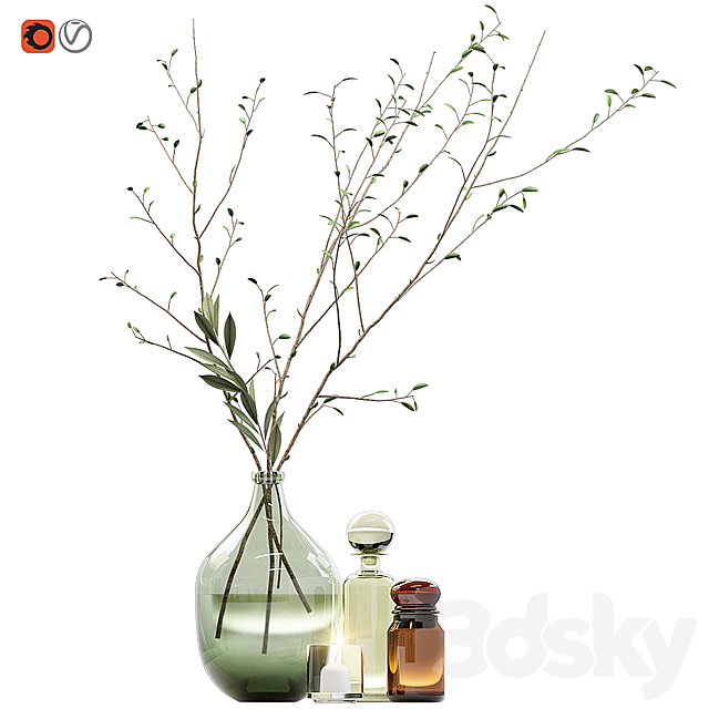 Decorative set with branches and glass bottles 3d