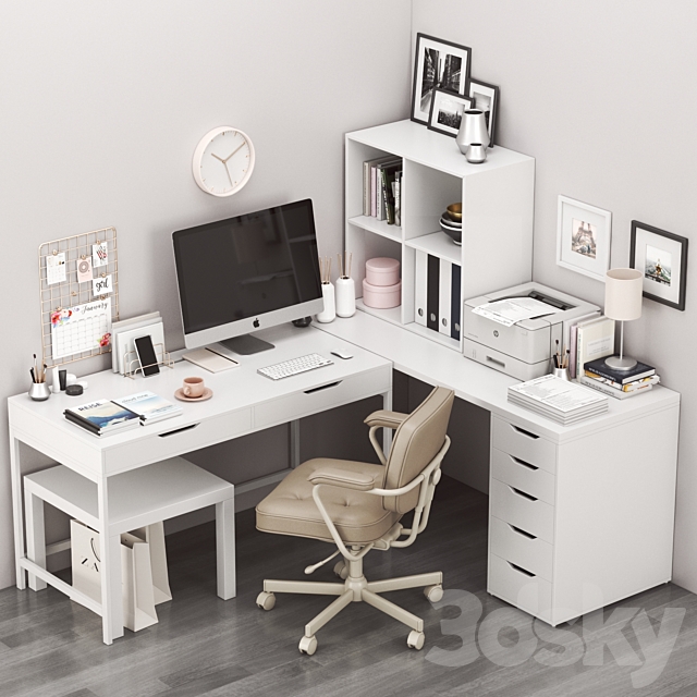 IKEA corner workplace with ALEX table and ALEFJALL chair 3DSMax File - thumbnail 1