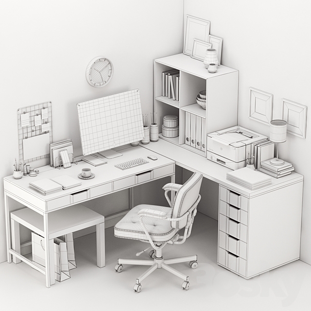IKEA corner workplace with ALEX table and ALEFJALL chair 3DSMax File - thumbnail 4