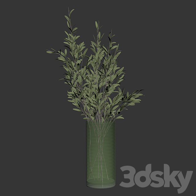 Olive stems in simple glass ribbed vase 3DSMax File - thumbnail 2