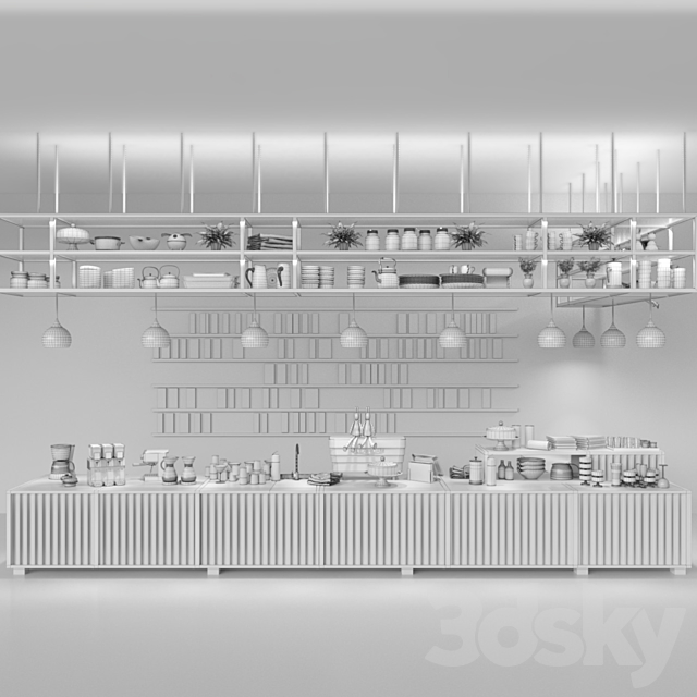 Design project of a coffee house in loft style with a coffee machine and dishes. Cafe 3d