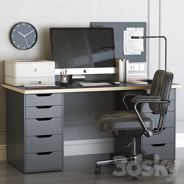 IKEA office workplace with ALEX table and ALEFJALL chair 3DSMax File - thumbnail 1