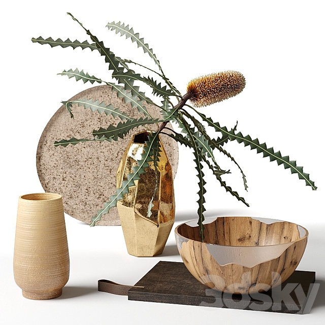 Banksia Ashby in a metal vase 3DSMax File - thumbnail 1