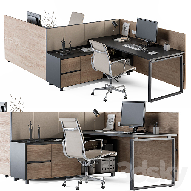 Office Desk Set Cream and Wood 3DSMax File - thumbnail 1