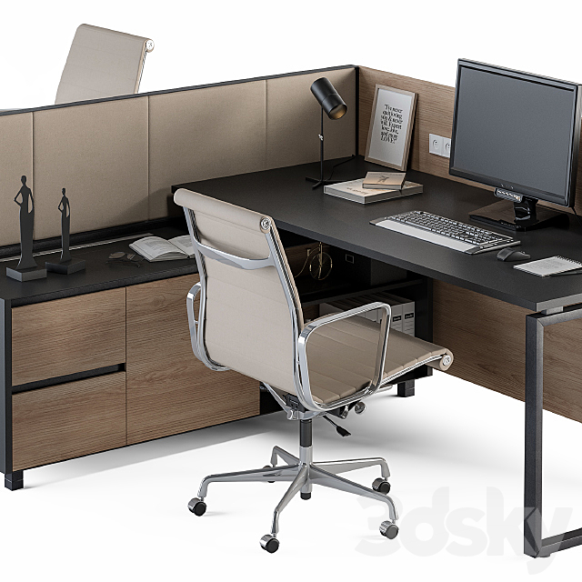 Office Desk Set Cream and Wood 3DSMax File - thumbnail 3