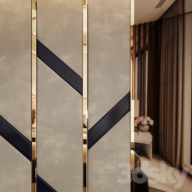 Headboard made of bronze mirror and soft beige panels 3DSMax File - thumbnail 4