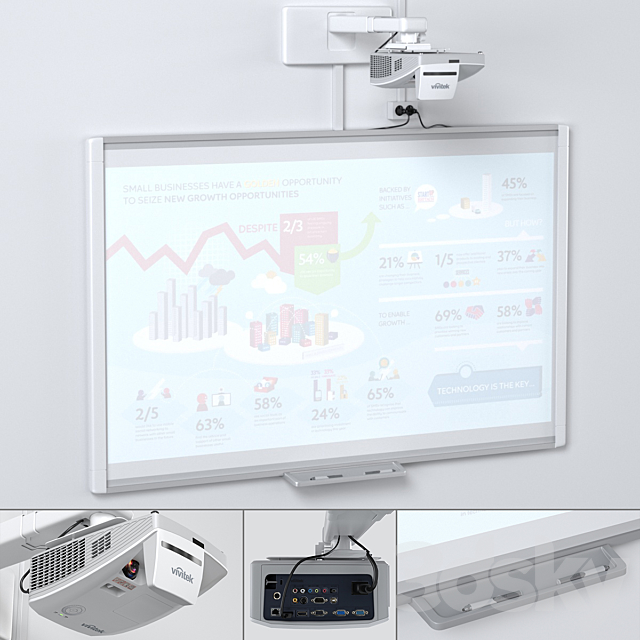 Smart SBM685 Whiteboard with Vivitek DH758UST Projector and Mount 3DSMax File - thumbnail 1