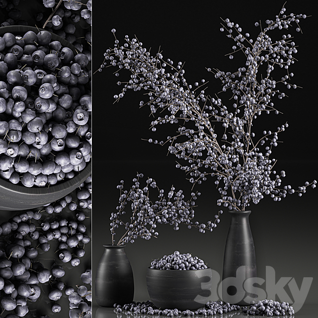 A collection of bouquets of branches with blueberries in black vases with blueberries. a bowl with berries. natural decor. Set 549. 3DSMax File - thumbnail 2