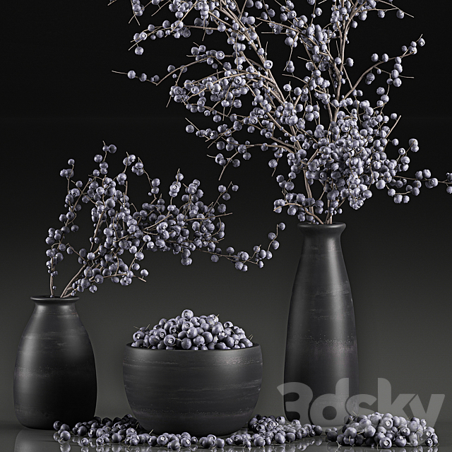 A collection of bouquets of branches with blueberries in black vases with blueberries. a bowl with berries. natural decor. Set 549. 3DSMax File - thumbnail 4