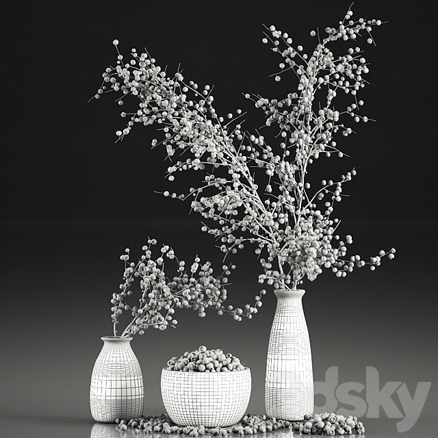 A collection of bouquets of branches with blueberries in black vases with blueberries. a bowl with berries. natural decor. Set 549. 3DSMax File - thumbnail 5