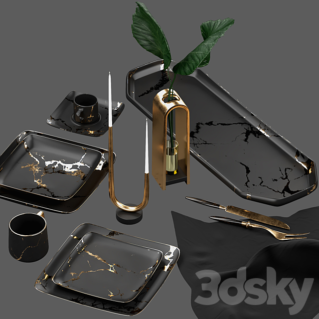 Gold_Design_Plate_Set 3d
