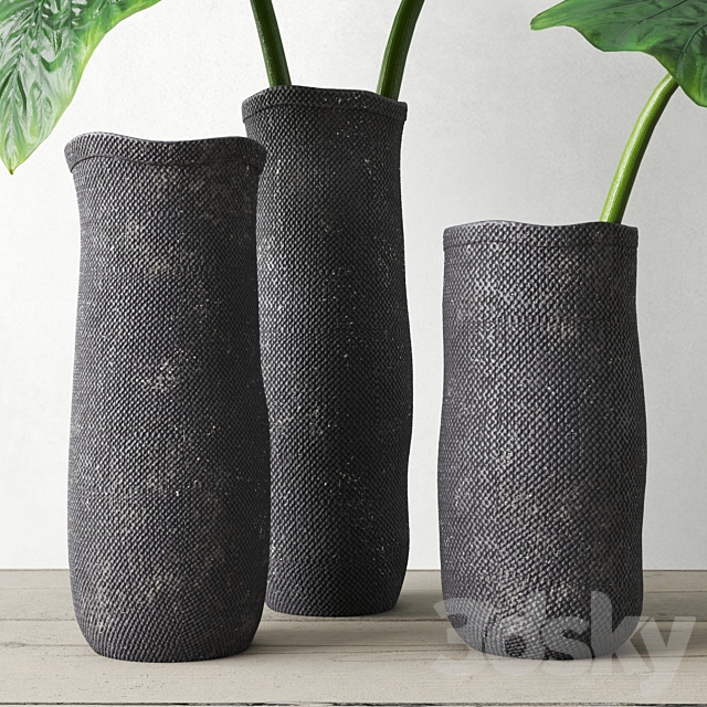 Restoration Hardware Crosshatch Concrete Vase Collection With Taro Leaves 3DSMax File - thumbnail 3