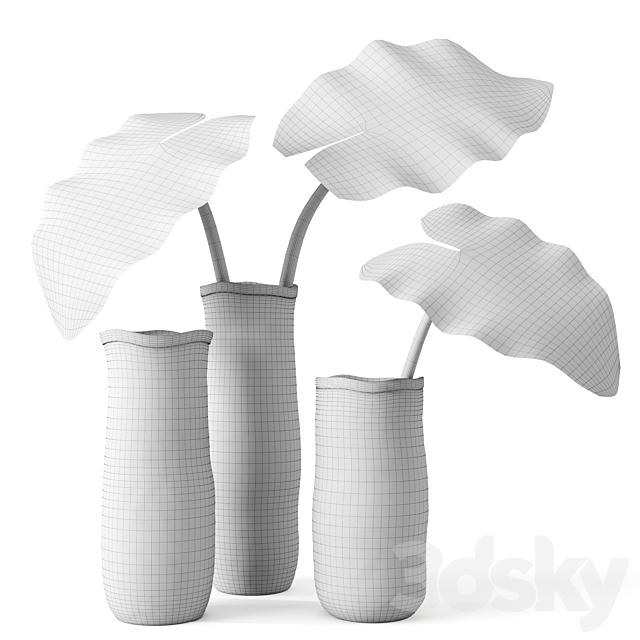 Restoration Hardware Crosshatch Concrete Vase Collection With Taro Leaves 3DSMax File - thumbnail 5