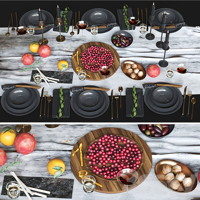 Beautiful table setting with black dishes with fruits. nuts and candlesticks. Service 3d