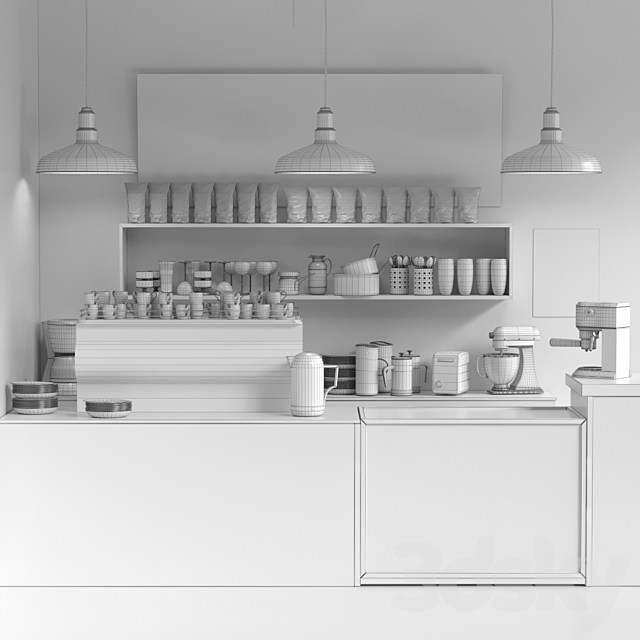 Cafe in minimalist style with a refrigerator with sweets and low-alcohol drinks 3d