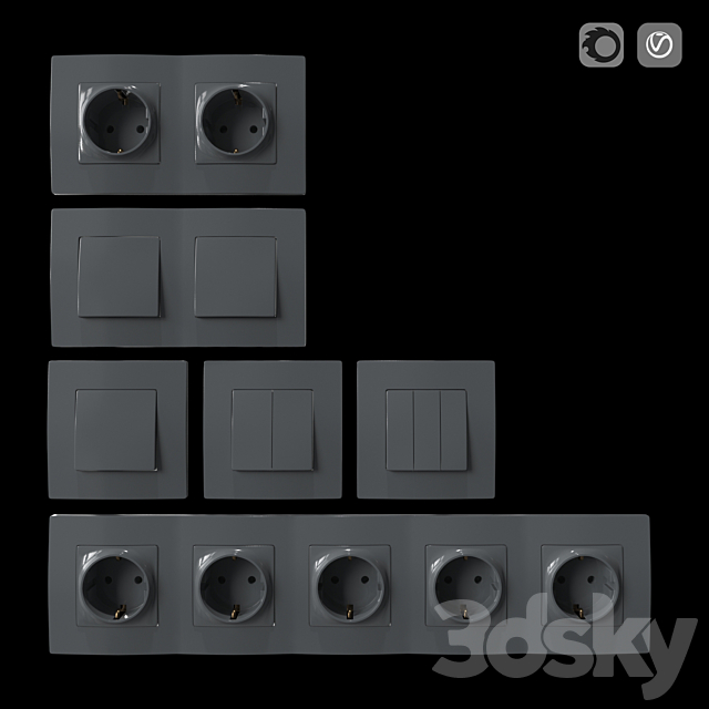 Set of sockets and switches gray 3d