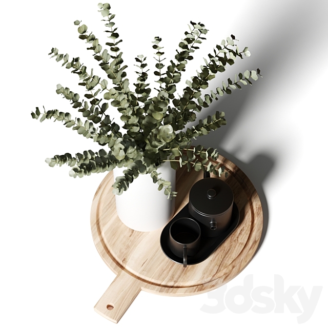 A bouquet of eucalyptus in a white vase. and a teapot with a cup on a wooden board 3d
